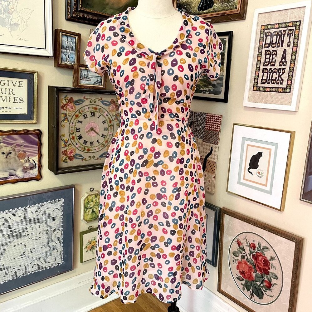 NWT Bettie Page By Tatyana Tie Me Up Dress Donut Print 40s 50s Pinup Style Large